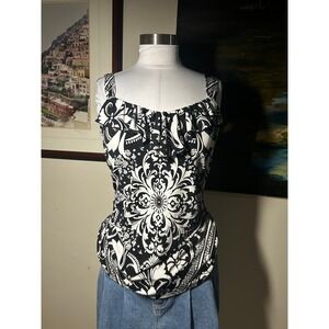 White House Black Market Damask Print Ruffle Neck Tank Top Black White Large